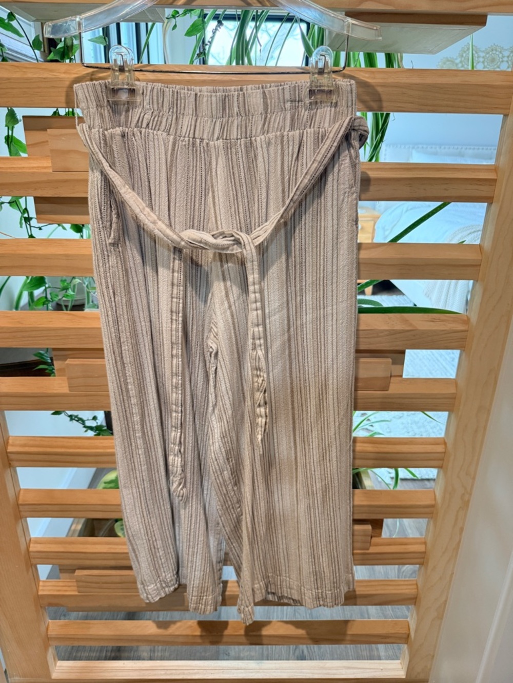 Sneak Peek Striped Wide Leg Pants Small Beige Boho Tie Waist Lounge Pants